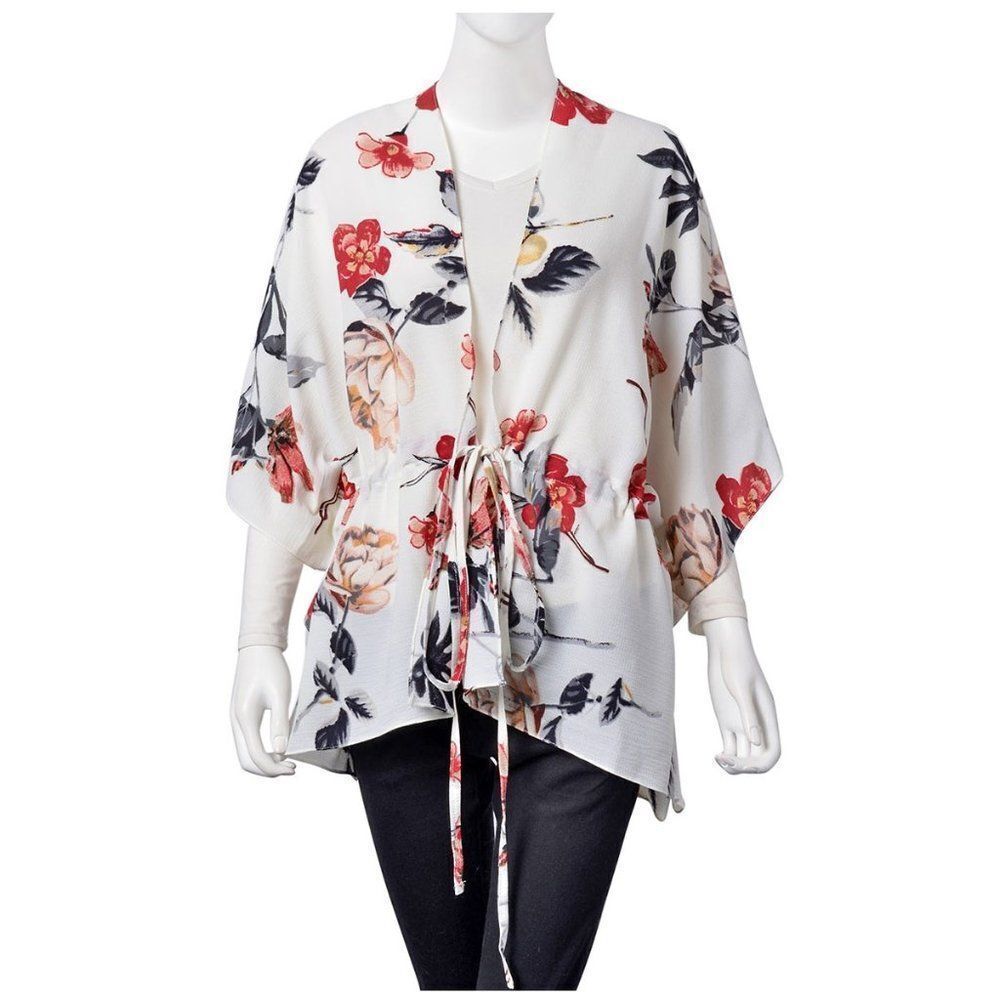 Kimono with Drawstring Flower Pattern Short